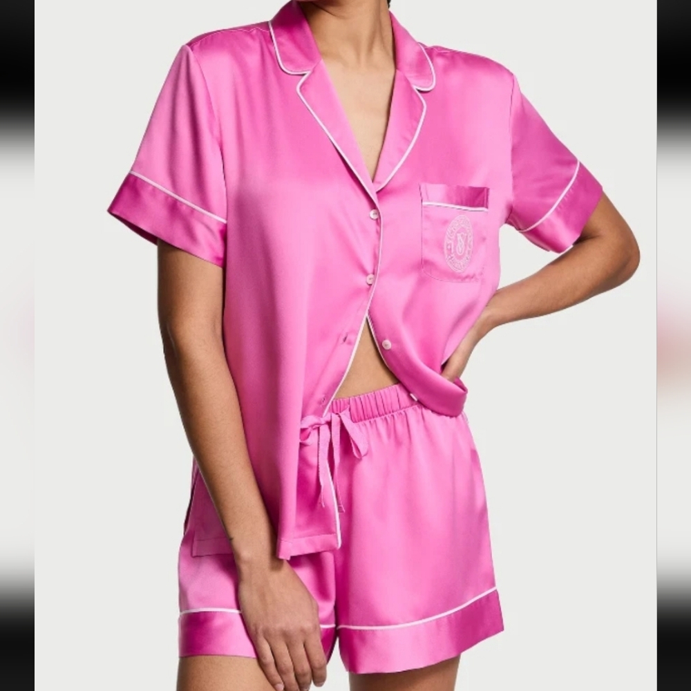Victoria's Secret Glazed Satin Pink Short Sleeve Pajama Set XL 100% Polyester